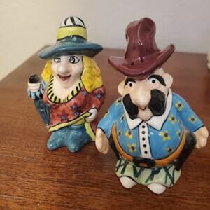Vintage Steven McGovney Ceramic Salt & Pepper Shakers‎ Hand Painted Lady Sheriff